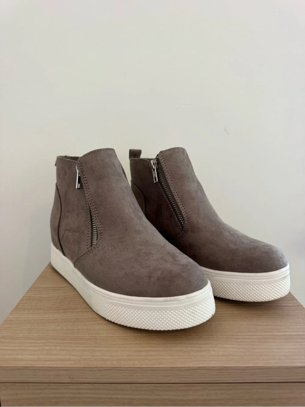 Womens Taupe Suede Zip-Front Wedge Sneakers